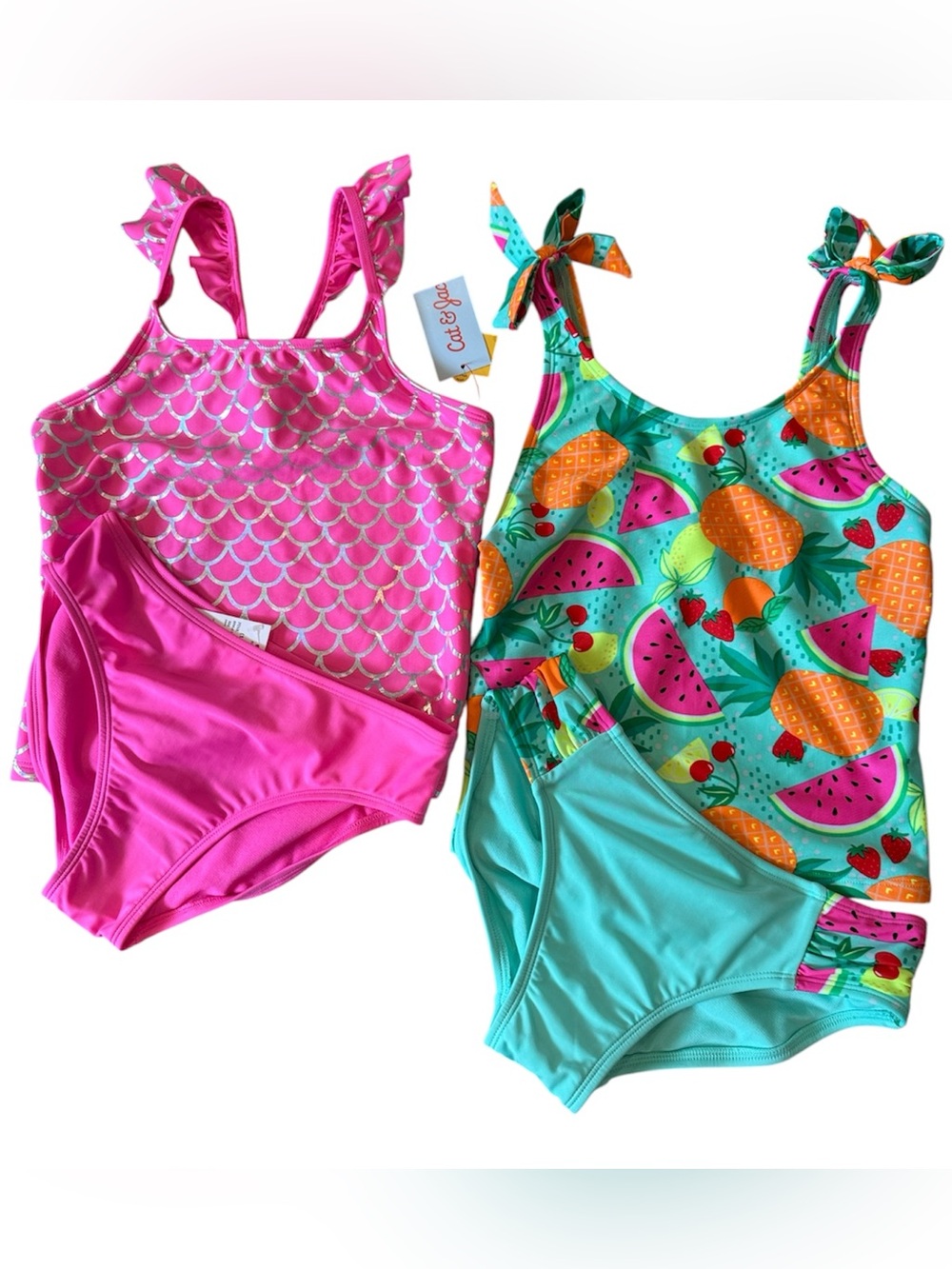 Cat & Jack Girls' Pink Mermaid Scale & Aqua Fruit Print Two-Piece Swim Sets